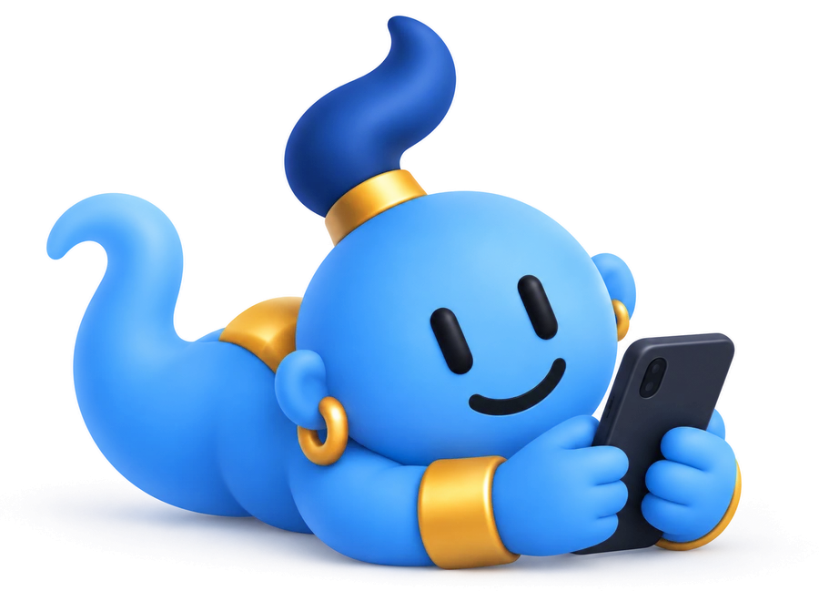 The genie lying on his front, grinning at his phone